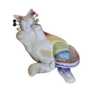 VTG Annaco Creations Lacombe Cat Pin Cushion Figurine Rainbow Stripes Whimsical